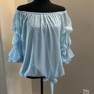CeCe women’s off shoulder blouse puffed sleeves baby blue size medium‎